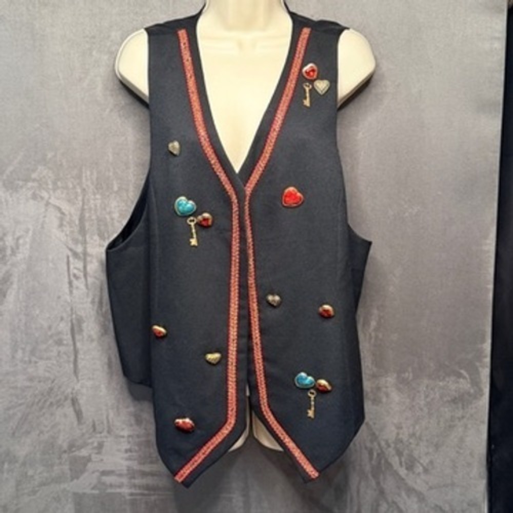 Vtg 90s A.P. Collection Vest Womens 16 Black Heart Charms Key Embellished Artsy